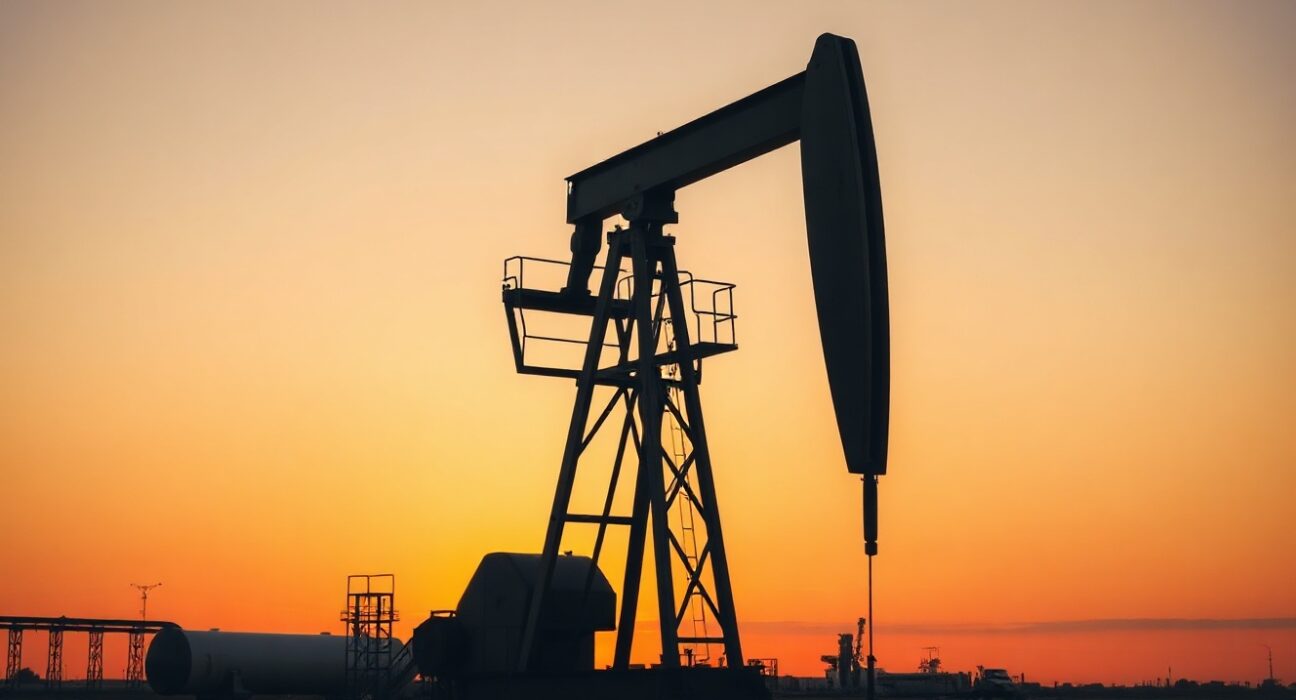 Oil pumpjack silhouette at sunset representing tight summer supply balances and price support forecast by TD Securities