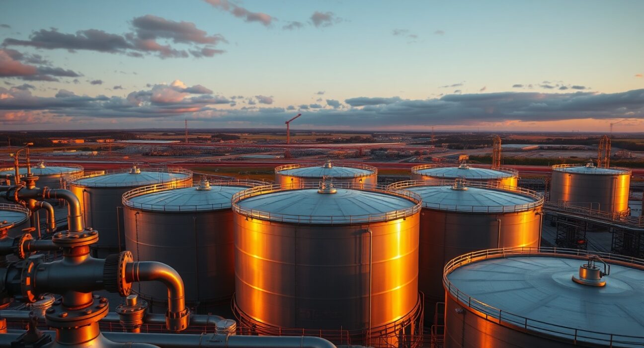 Oil storage tanks at a refinery during sunset, representing crude supply and market conditions
