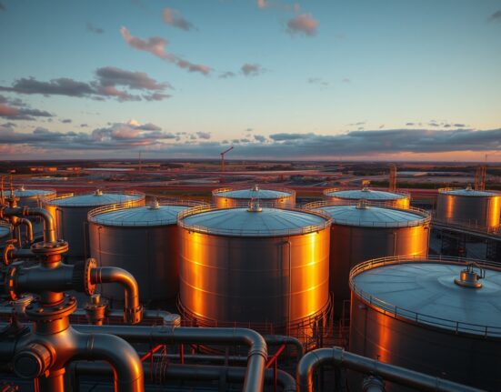 Oil storage tanks at a refinery during sunset, representing crude supply and market conditions