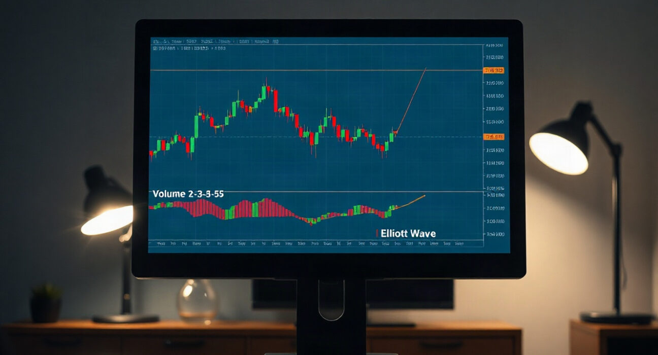 Trading chart with volume profile and Elliott Wave labels on a monitor in a professional setting
