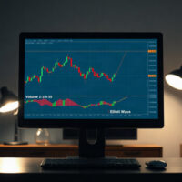 Trading chart with volume profile and Elliott Wave labels on a monitor in a professional setting