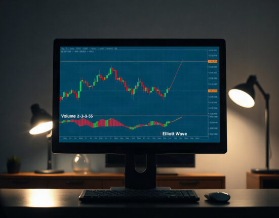 Trading chart with volume profile and Elliott Wave labels on a monitor in a professional setting
