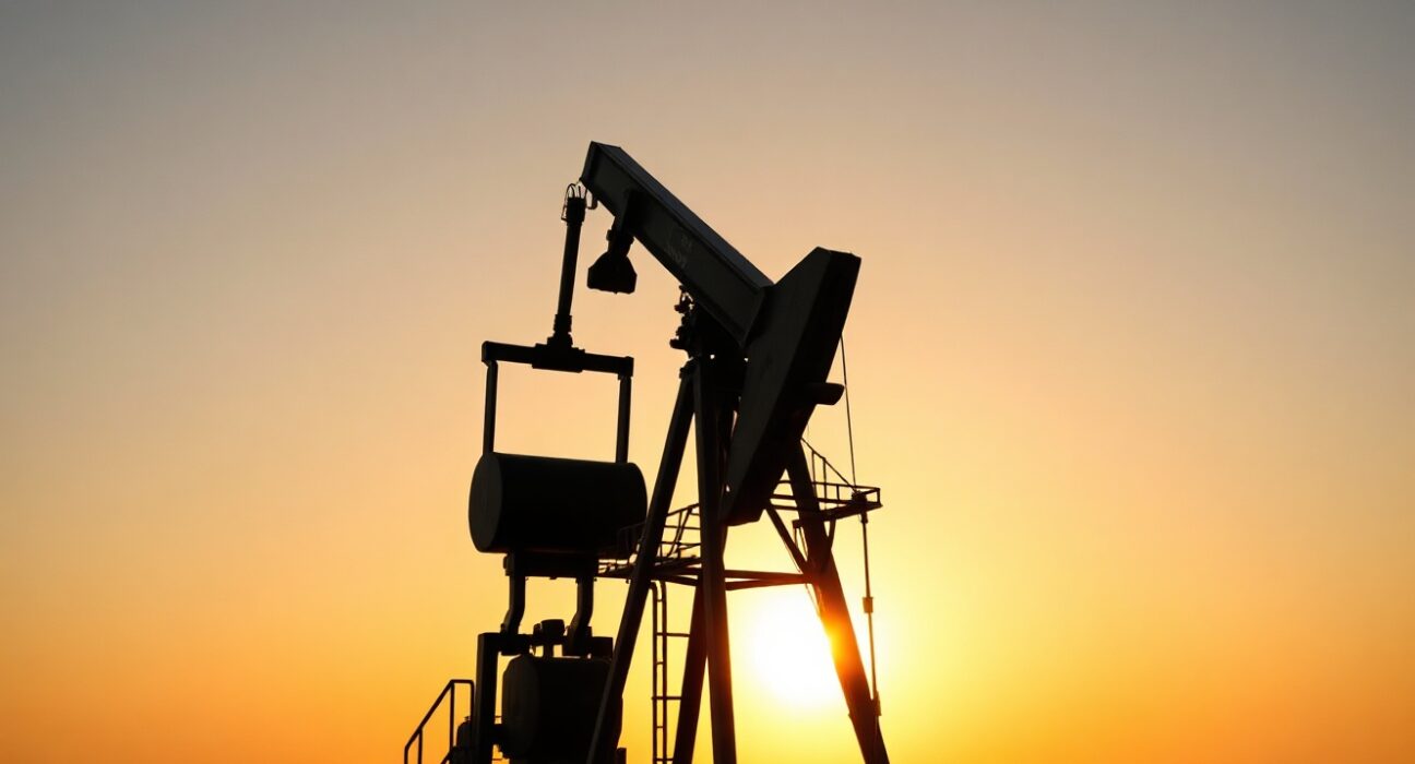 Oil pumpjack silhouetted at sunset, symbolizing energy market uncertainty