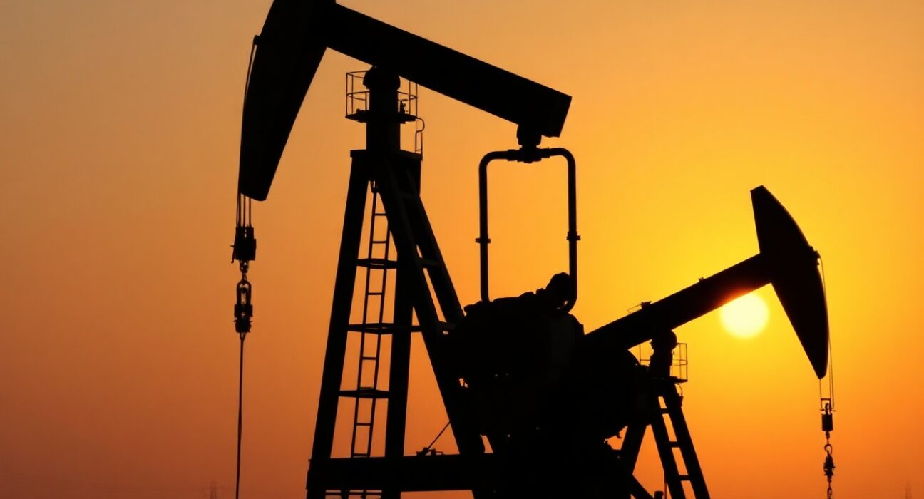 Oil pump jack silhouetted against a sunset sky, symbolizing market uncertainty.