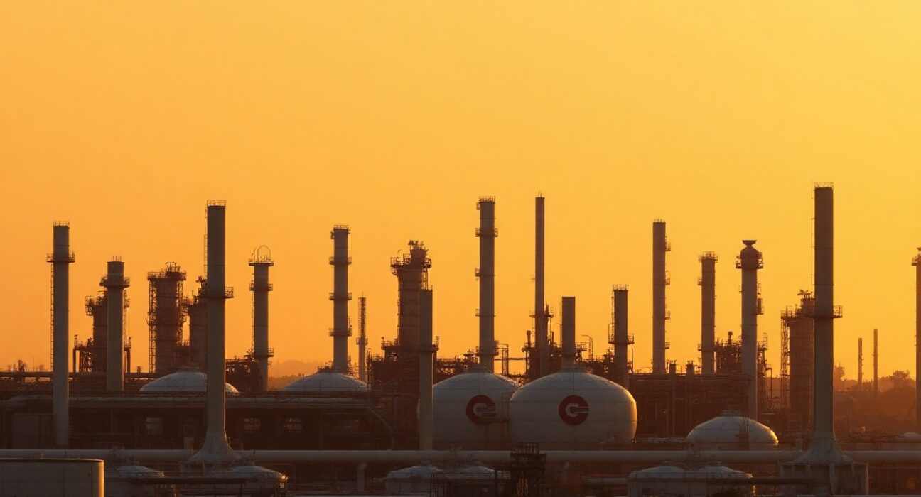 Oil refinery at sunset, symbolizing tightening global supply and rising price risks.