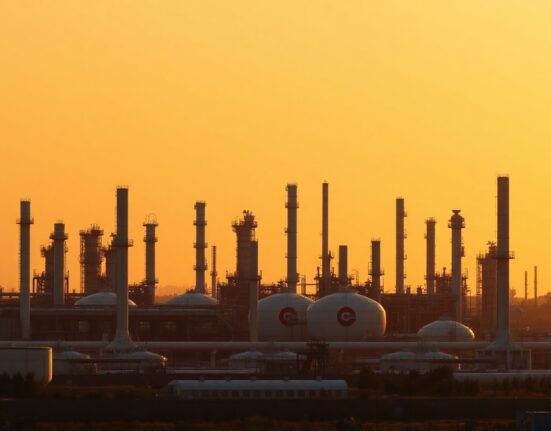 Oil refinery at sunset, symbolizing tightening global supply and rising price risks.
