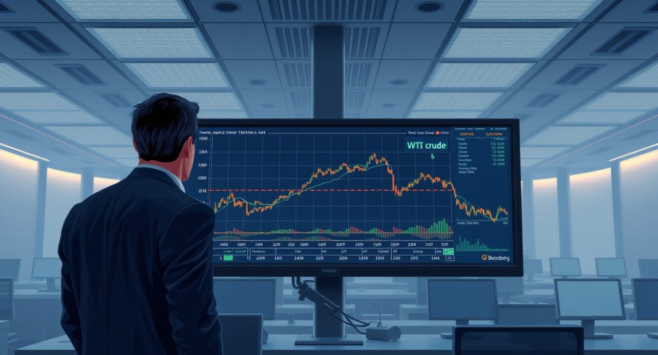 Trader analyzing stabilized crude oil price charts on Bloomberg Terminal as market volatility decreases