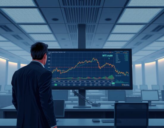 Trader analyzing stabilized crude oil price charts on Bloomberg Terminal as market volatility decreases
