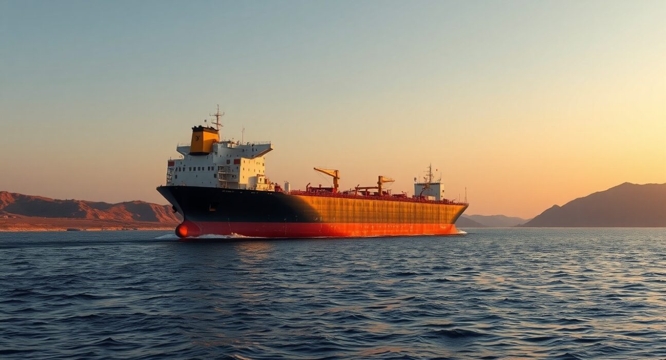 Oil tanker navigating the strategic Strait of Hormuz, representing key geopolitical risk to energy markets.