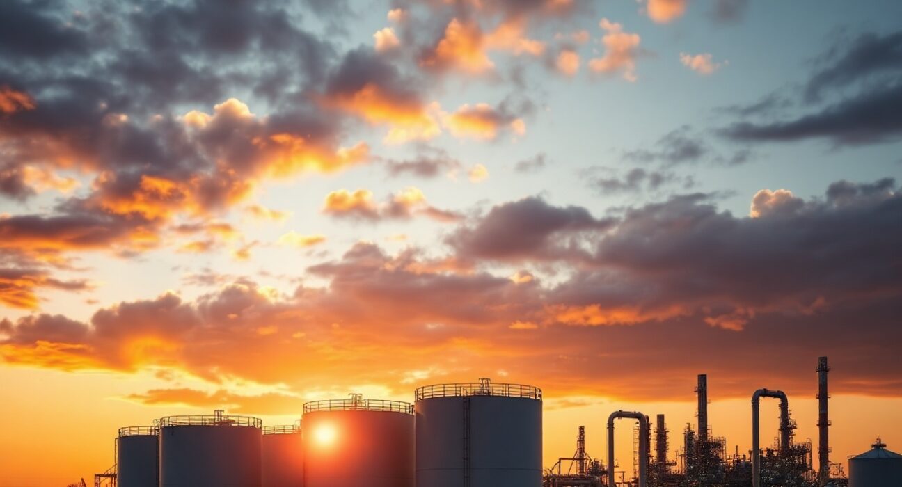 Oil storage tanks at a refinery under a dramatic sunset sky, illustrating crude oil market volatility.