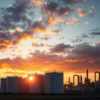 Oil storage tanks at a refinery under a dramatic sunset sky, illustrating crude oil market volatility.