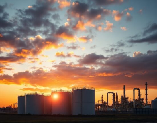 Oil storage tanks at a refinery under a dramatic sunset sky, illustrating crude oil market volatility.