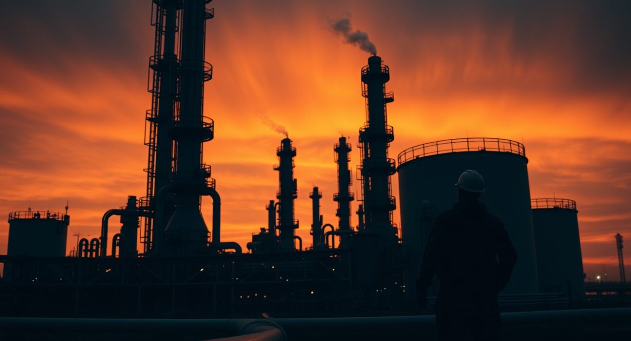 Oil refinery at dusk with dramatic sky, representing volatile crude oil markets amid geopolitical tensions.