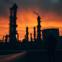 Oil refinery at dusk with dramatic sky, representing volatile crude oil markets amid geopolitical tensions.