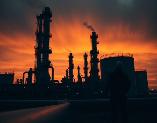 Oil refinery at dusk with dramatic sky, representing volatile crude oil markets amid geopolitical tensions.