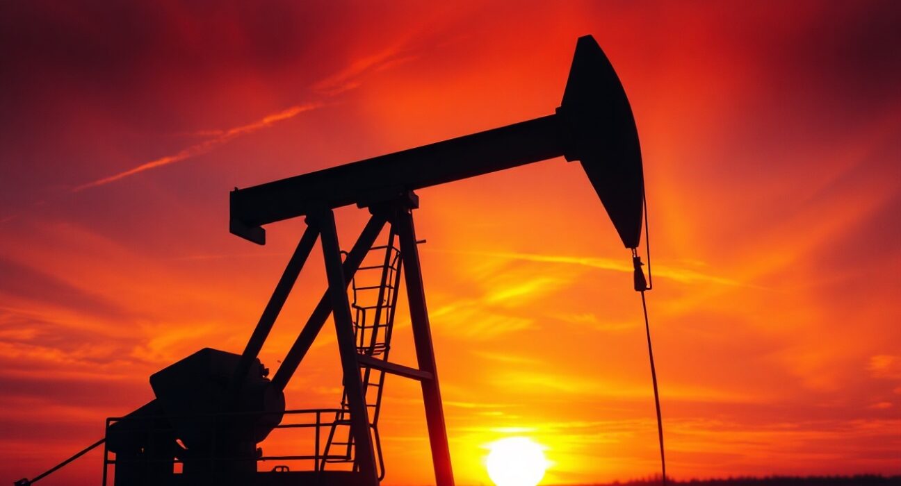 Oil pumpjack silhouetted against a dramatic sunset sky, representing geopolitical risk in crude oil markets.