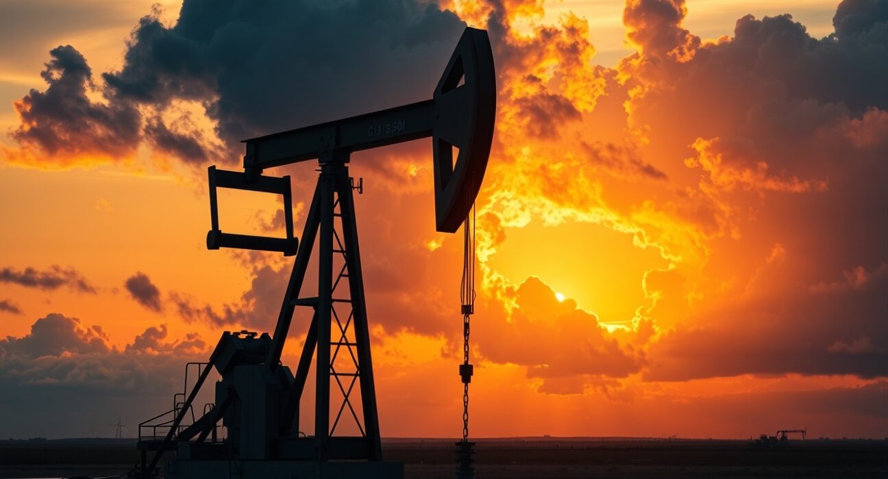 Oil pumpjack silhouetted against stormy sunset sky, representing oil price volatility and geopolitical risk.