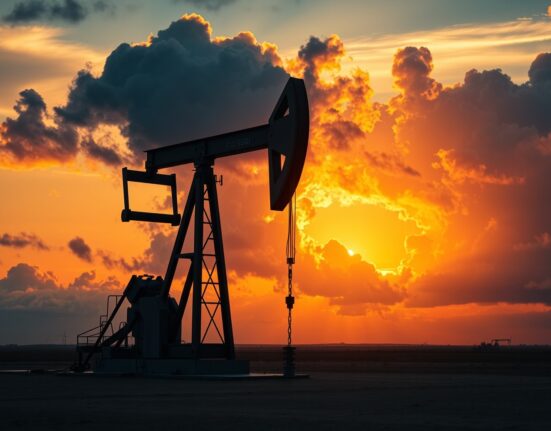 Oil pumpjack silhouetted against stormy sunset sky, representing oil price volatility and geopolitical risk.
