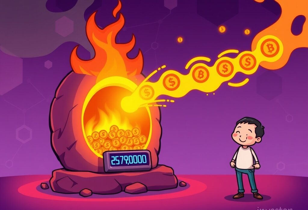 Cartoon illustration depicting the massive OKB burn event, where OKB tokens are being consumed by a digital furnace, symbolizing scarcity and potential value increase.