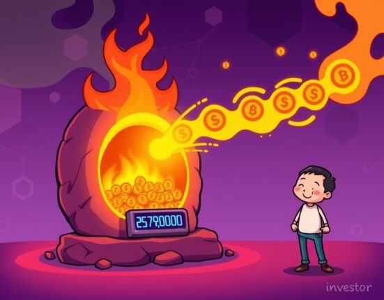 Cartoon illustration depicting the massive OKB burn event, where OKB tokens are being consumed by a digital furnace, symbolizing scarcity and potential value increase.