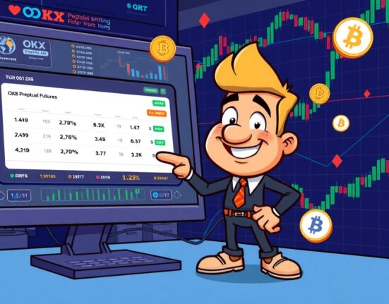 A cartoon trader confidently navigates the OKX platform, symbolizing the opportunity to trade OKB perpetual futures with leverage.