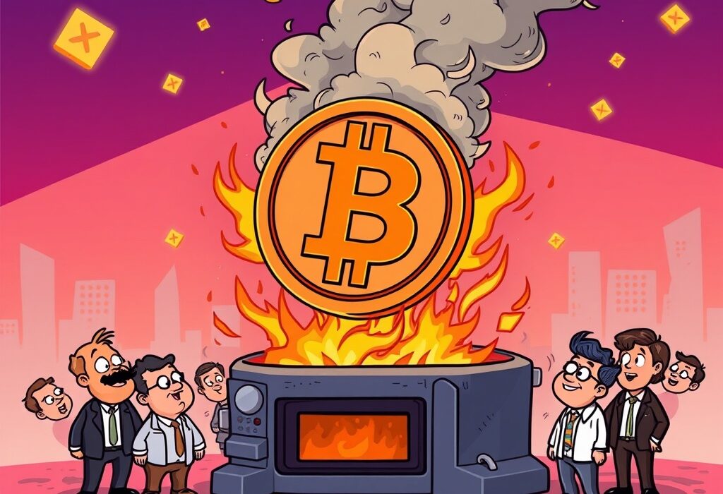 A cartoon illustration showing a large OKB token burn event, with tokens disappearing into a digital furnace, signifying reduced supply.