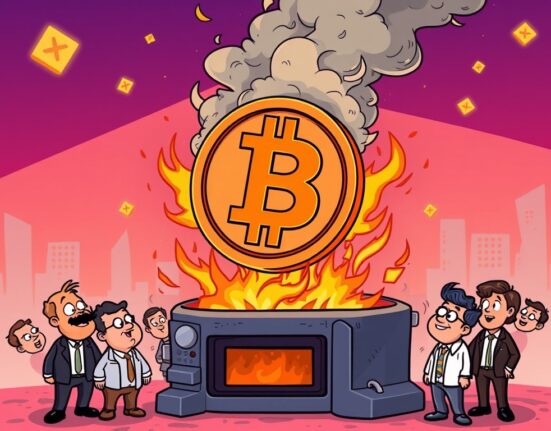 A cartoon illustration showing a large OKB token burn event, with tokens disappearing into a digital furnace, signifying reduced supply.