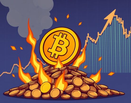 A cartoon illustration showing the OKB token experiencing an explosive price surge after a significant OKB token burn.
