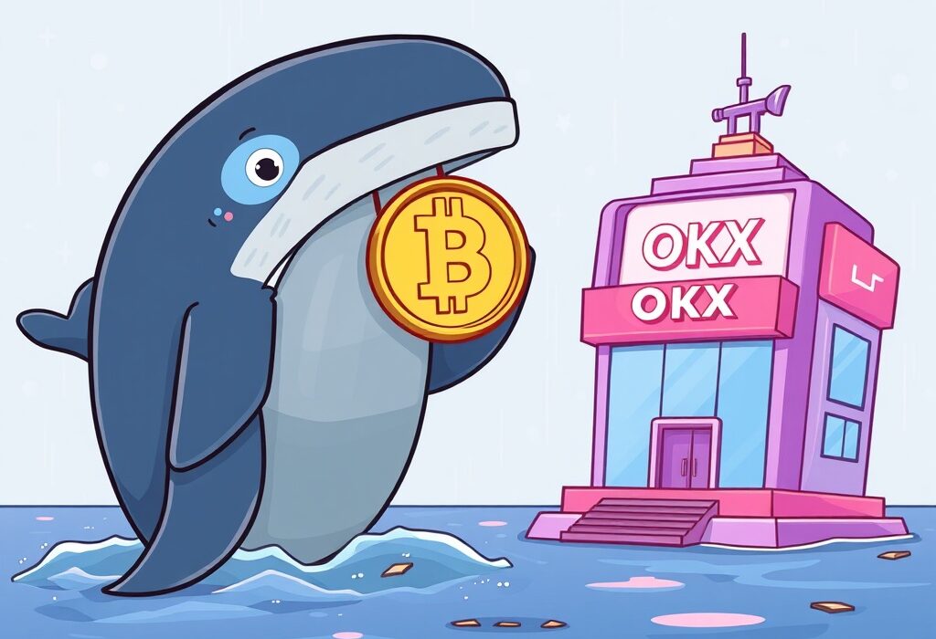 Cartoon illustration depicting a massive OKB transfer by a crypto whale to the OKX exchange, symbolizing significant market movement.