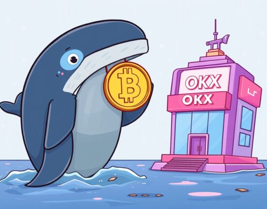 Cartoon illustration depicting a massive OKB transfer by a crypto whale to the OKX exchange, symbolizing significant market movement.