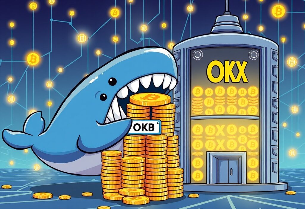 Cartoon whale moving a significant amount of OKB transferred to the OKX exchange, symbolizing a major crypto transaction.