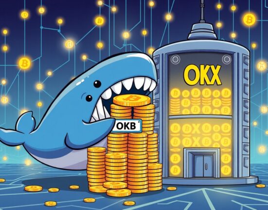 Cartoon whale moving a significant amount of OKB transferred to the OKX exchange, symbolizing a major crypto transaction.