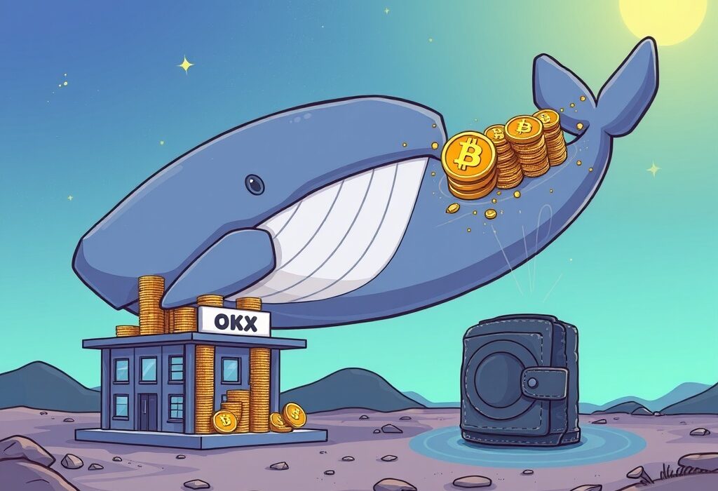 A cartoon whale moving a large stack of OKB tokens, illustrating a significant OKB whale transfer to an unknown destination.