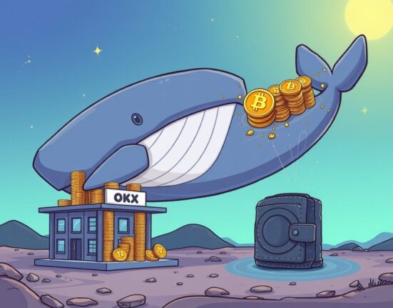 A cartoon whale moving a large stack of OKB tokens, illustrating a significant OKB whale transfer to an unknown destination.
