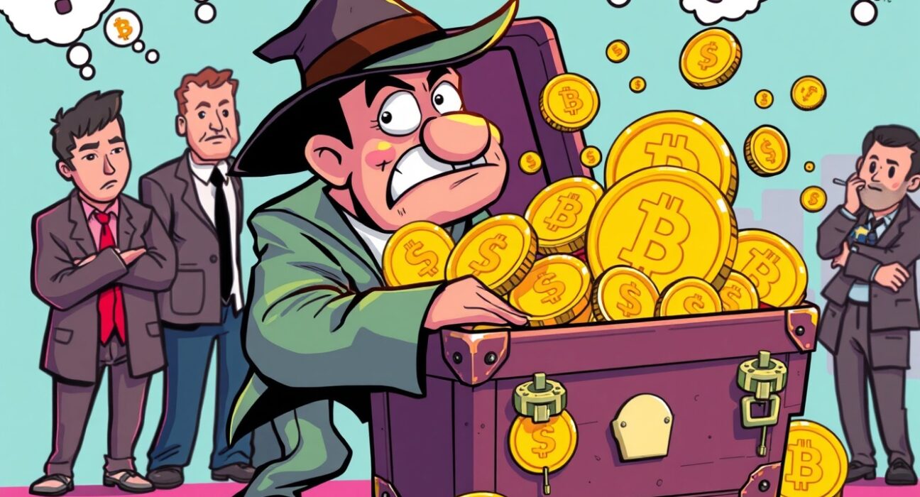 Cartoon illustration of cryptocurrency scam showing fraudulent investor with fake digital coins