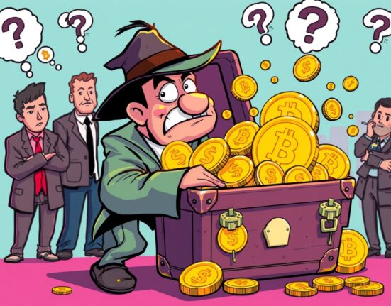 Cartoon illustration of cryptocurrency scam showing fraudulent investor with fake digital coins