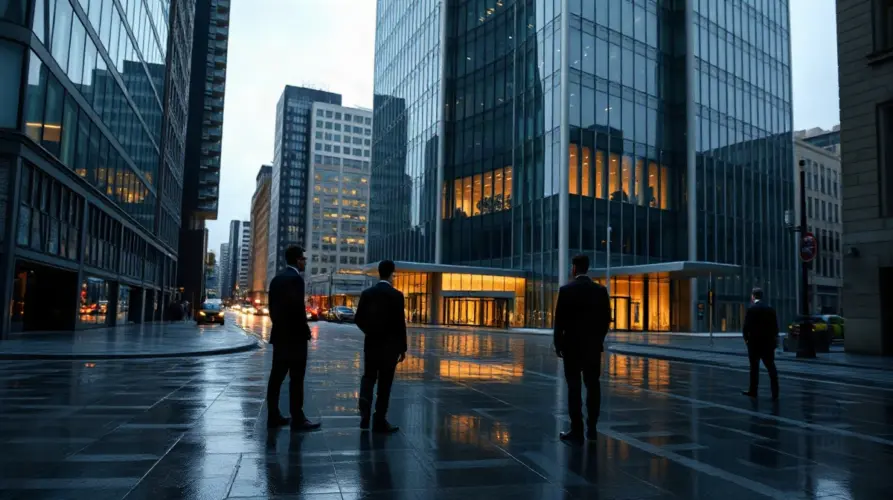 Business professionals outside a glass financial tower at dusk, illustrating OKX's $25 billion investor round
