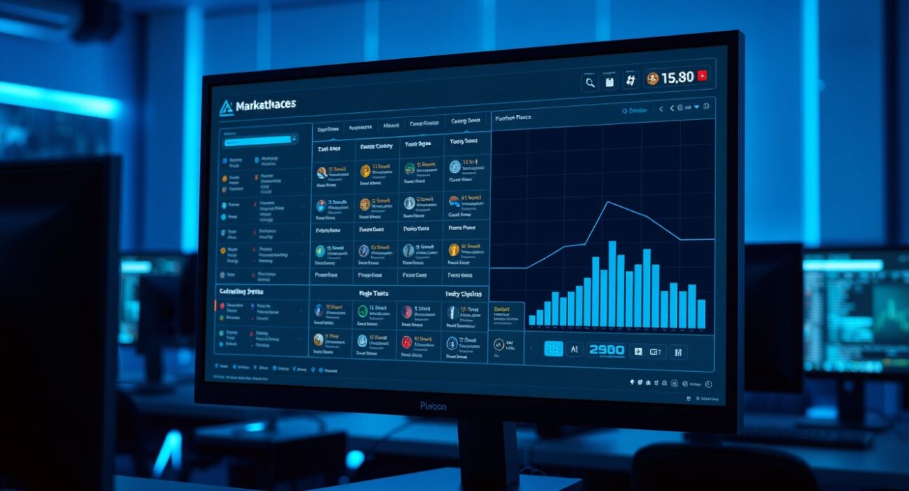 Digital interface of OKX AI agent marketplace on a screen in a modern trading office