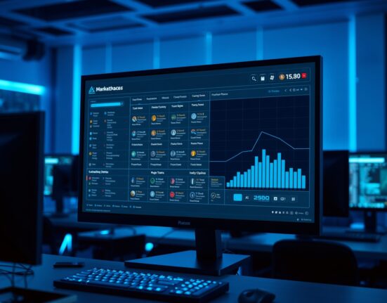 Digital interface of OKX AI agent marketplace on a screen in a modern trading office