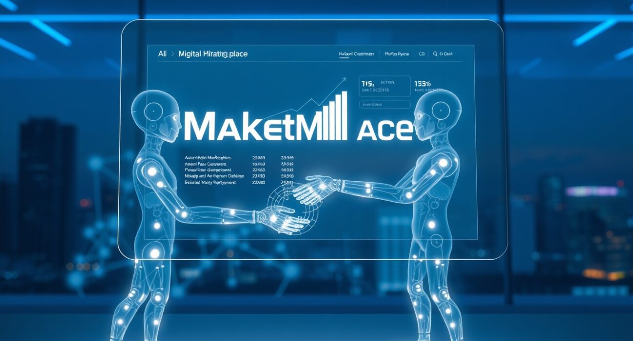 Holographic interface showing AI agents engaging in autonomous hiring and payment settlement