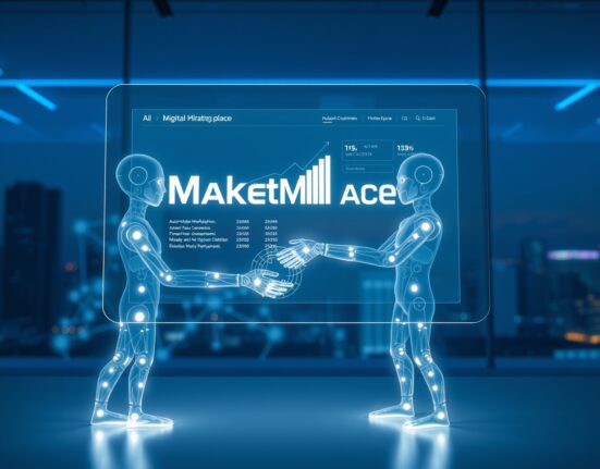 Holographic interface showing AI agents engaging in autonomous hiring and payment settlement