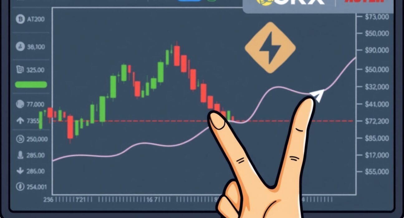 Cartoon illustration depicting the launch of ASTER perpetual futures on OKX, showing trading charts and a sense of market excitement.