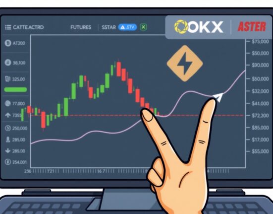 Cartoon illustration depicting the launch of ASTER perpetual futures on OKX, showing trading charts and a sense of market excitement.