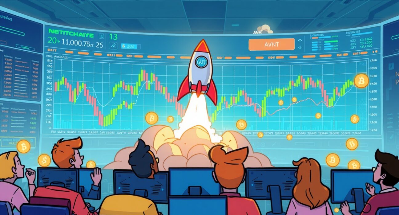 Cartoon depicting excited traders watching the launch of AVNT perpetual futures on a dynamic crypto exchange platform.