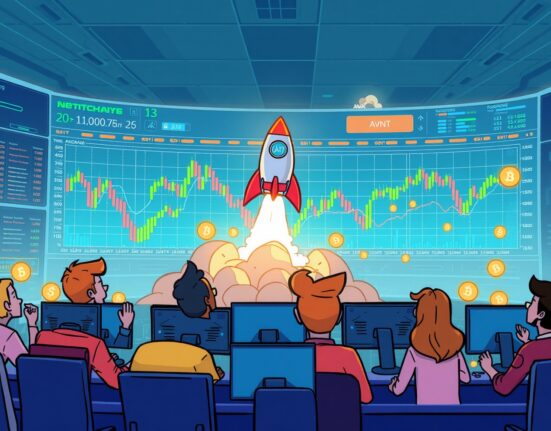 Cartoon depicting excited traders watching the launch of AVNT perpetual futures on a dynamic crypto exchange platform.