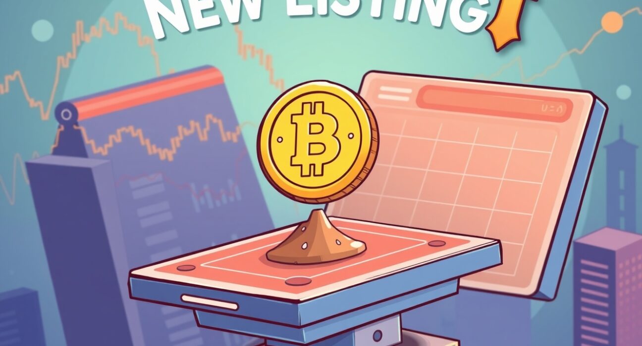 A vibrant cartoon illustration of a digital coin representing BARD being launched onto a platform symbolizing the OKX exchange, highlighting the OKX BARD listing.