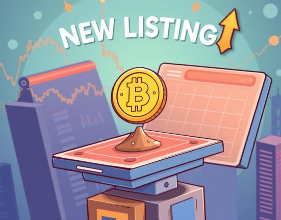 A vibrant cartoon illustration of a digital coin representing BARD being launched onto a platform symbolizing the OKX exchange, highlighting the OKX BARD listing.