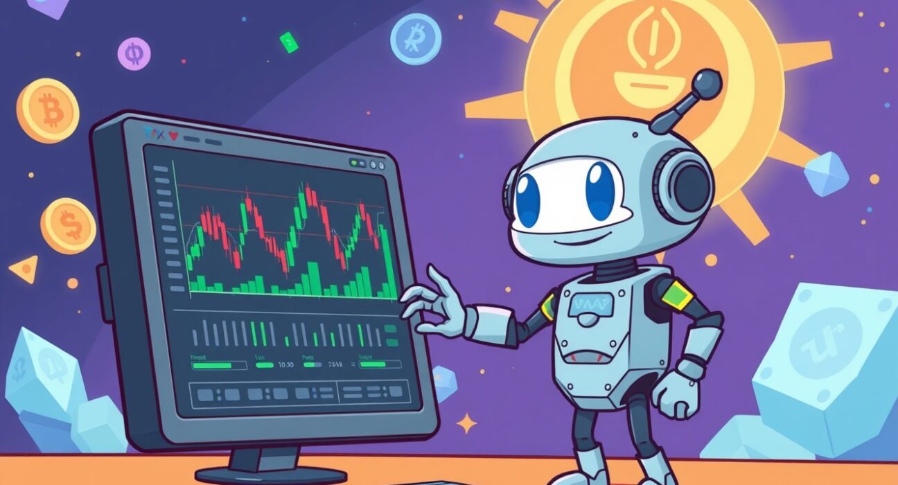 A vibrant cartoon illustration of a trader exploring BARD perpetual futures on a dynamic crypto exchange platform.