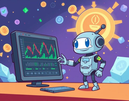 A vibrant cartoon illustration of a trader exploring BARD perpetual futures on a dynamic crypto exchange platform.