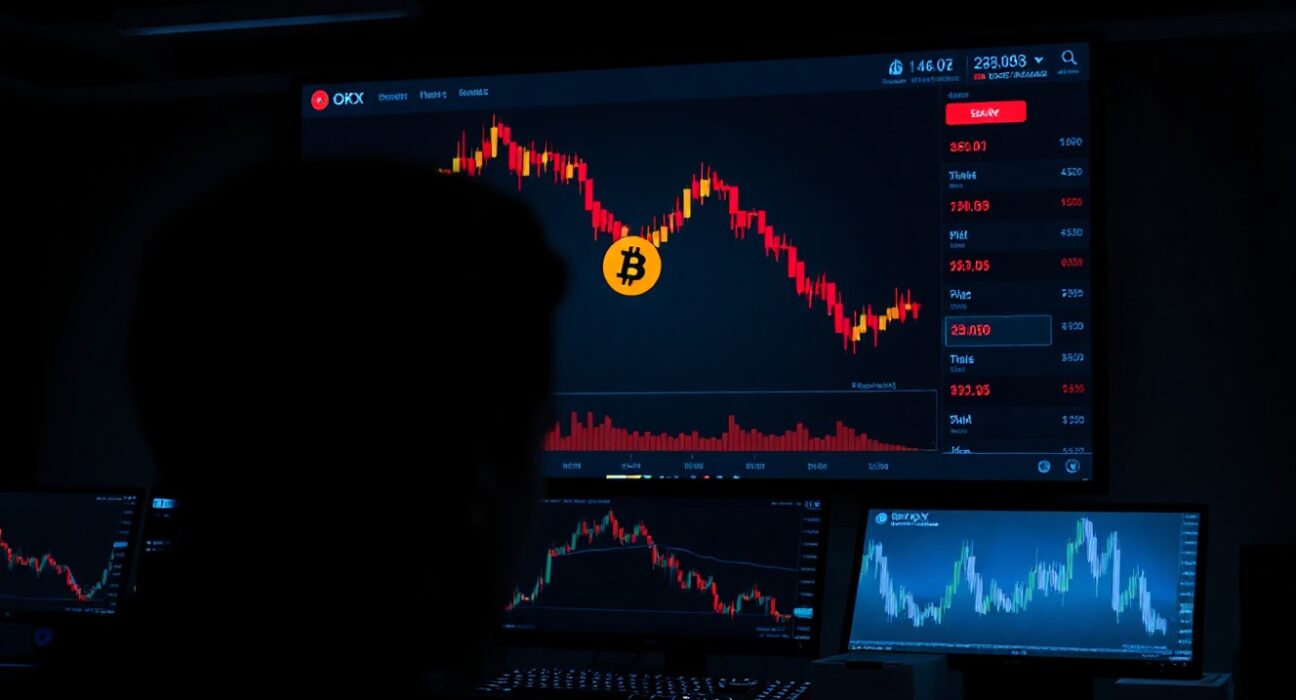 Cryptocurrency exchange dashboard showing declining Bitcoin chart with OKX branding in a professional trading environment